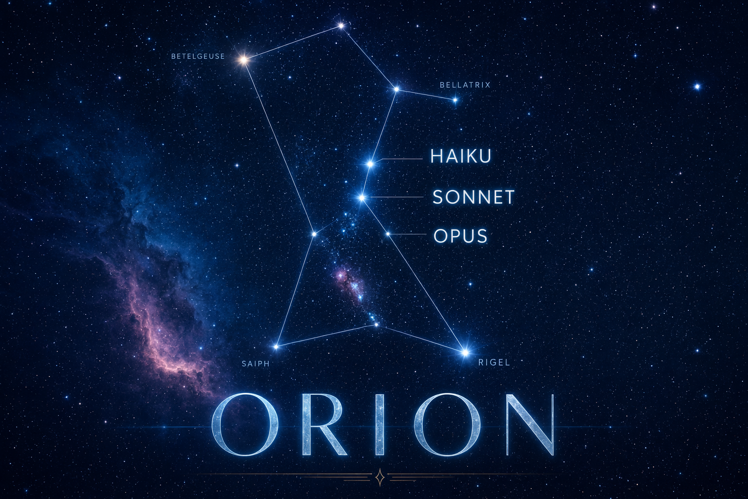 Constelación de Orión con las tres estrellas del cinturón etiquetadas Haiku, Sonnet y Opus
