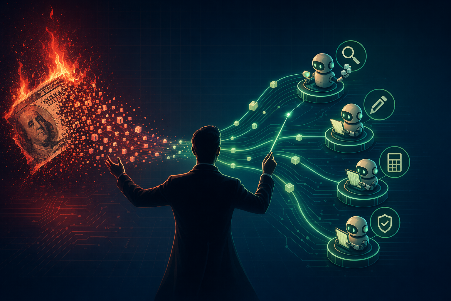 A conductor routing tokens to specialist subagents while a banknote burns in the background