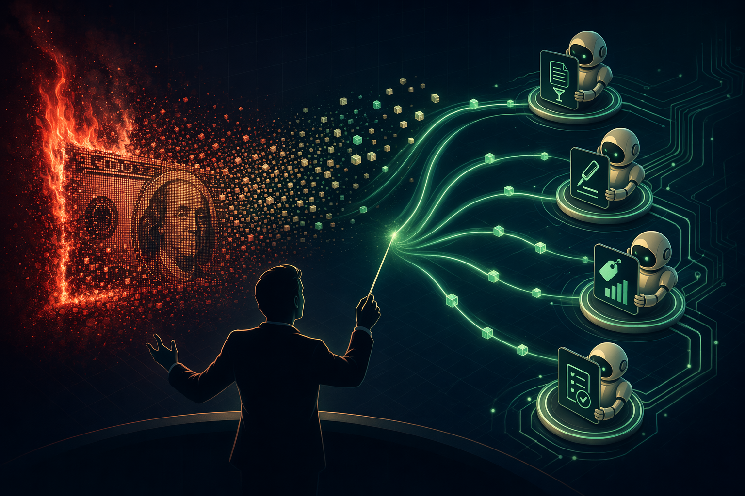 Director de orquesta encauzando tokens hacia subagentes especializados mientras un billete se quema en el fondo